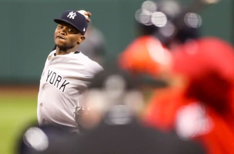 BOSTON, MA - SEPTEMBER 06: Domingo German #55 of the New York Yankees pitch sin the first inning of a game against the Boston Red Sox at Fenway Park on September 6, 2019 in Boston, Massachusetts. (Photo by Adam Glanzman/Getty Images)