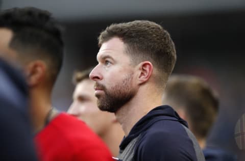 CLEVELAND, OH - SEPTEMBER 21: Corey Kluber #28 of the Cleveland Indians looks on from the dugout before the game against the Philadelphia Phillies at Progressive Field on September 21, 2019 in Cleveland, Ohio. The Phillies defeated the Indians 9-4. (Photo by David Maxwell/Getty Images)