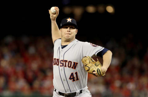 WASHINGTON, DC - OCTOBER 26: Brad Peacock #41 of the Houston Astros delivers the pitch against the Washington Nationals during the seventh inning in Game Four of the 2019 World Series at Nationals Park on October 26, 2019 in Washington, DC. (Photo by Patrick Smith/Getty Images)