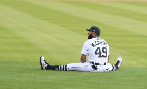 DETROIT, MI – AUGUST 24: Willi Castro #49 of the Detroit Tigers stretches in the outfield while warming up prior to the start of the game against the Chicago Cubs at Comerica Park on August 24, 2020 in Detroit, Michigan. The Cubs defeated the Tigers 9-3. (Photo by Mark Cunningham/MLB Photos via Getty Images)