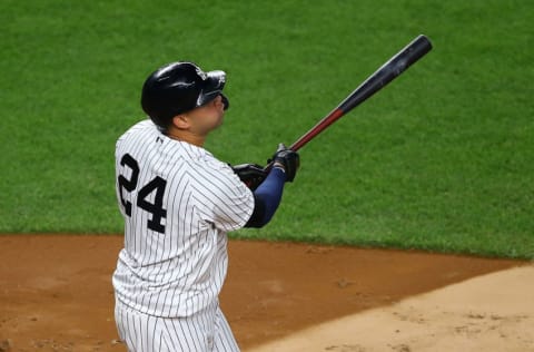 NEW YORK, NEW YORK - SEPTEMBER 11: Gary Sanchez #24 of the New York Yankees in action against the Baltimore Orioles at Yankee Stadium on September 11, 2020 in New York City. New York Yankees defeated the Baltimore Orioles 10-1. (Photo by Mike Stobe/Getty Images)