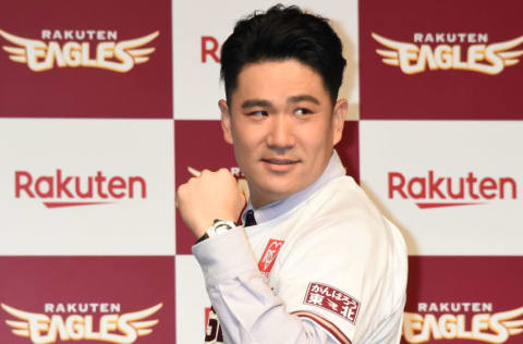 TOKYO, JAPAN - JANUARY 30: Masahiro Tanaka of the Tohoku Rakuten Golden Eagles poses for a photo during a press conference on January 30, 2021 in Tokyo, Japan. (Photo by Jun Sato/Getty Images)