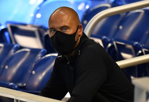 MIAMI, FLORIDA – JULY 03: Derek Jeter CEO of the Miami Marlins wears a mask while attending the Miami Marlins Summer Workouts at Marlins Park on July 03, 2020 in Miami, Florida. (Photo by Mark Brown/Getty Images)