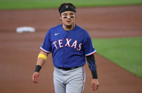 SEATTLE, WASHINGTON - SEPTEMBER 06: Shin-Soo Choo #17 of the Texas Rangers looks on between innings against the Seattle Mariners at T-Mobile Park on September 06, 2020 in Seattle, Washington. (Photo by Abbie Parr/Getty Images)