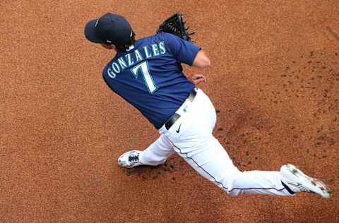 SEATTLE, WASHINGTON - SEPTEMBER 21: Marco Gonzales #7 of the Seattle Mariners warms up before their game against the Houston Astros at T-Mobile Park on September 21, 2020 in Seattle, Washington. (Photo by Abbie Parr/Getty Images)