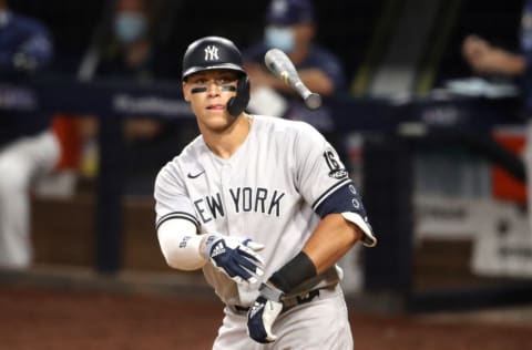 SAN DIEGO, CALIFORNIA - OCTOBER 09: Aaron Judge #99 of the New York Yankees reacts after drawing a walk against the Tampa Bay Rays during the eighth inning in Game Five of the American League Division Series at PETCO Park on October 09, 2020 in San Diego, California. (Photo by Christian Petersen/Getty Images)