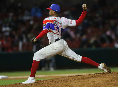 MAZATLAN, MEXICO – FEBRUARY 05: Luis Medina starting pitcher of Los Criollos de Caguas pitches in the first inning ,during a match between Puerto Rico and Mexico as part of Serie del Caribe 2021 at Teodoro Mariscal Stadium on February 5, 2021 in Mazatlan, Mexico. (Photo by Norte Photo/Getty Images)