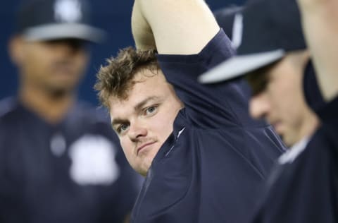 TORONTO, CANADA - MAY 4: Justin Wilson #41 of the New York Yankees stretches during batting practice before the start of MLB game action against the Toronto Blue Jays on May 4, 2015 at Rogers Centre in Toronto, Ontario, Canada. (Photo by Tom Szczerbowski/Getty Images)