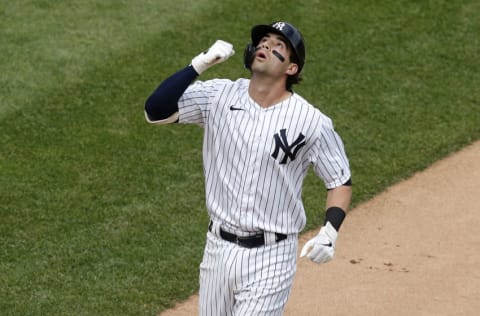 NEW YORK, NEW YORK - SEPTEMBER 26: (NEW YORK DAILIES OUT) Tyler Wade #14 of the New York Yankees celebrates his fifth inning two run home run against the Miami Marlins at Yankee Stadium on September 26, 2020 in New York City. The Yankees defeated the Marlins 11-4. (Photo by Jim McIsaac/Getty Images)