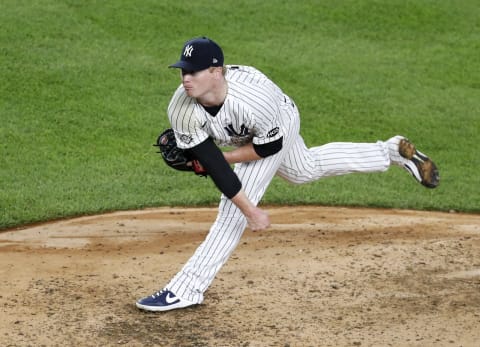 NEW YORK, NEW YORK – AUGUST 28: (NEW YORK DAILIES OUT) Nick Nelson #79 of the New York Yankees in action against the New York Mets during the second game of a doubleheader at Yankee Stadium on August 28, 2020 in New York City. The Mets defeated the Yankees 4-3.All players are wearing #42 in honor of Jackie Robinson Day. The day honoring Jackie Robinson, traditionally held on April 15, was rescheduled due to the COVID-19 pandemic. (Photo by Jim McIsaac/Getty Images)