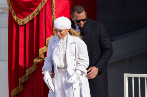 WASHINGTON, DC - JANUARY 20: Jennifer Lopez and former New York Yankee Alex Rodriguez depart the inauguration of U.S. President Joe Biden on the West Front of the U.S. Capitol on January 20, 2021 in Washington, DC. During today's inauguration ceremony Joe Biden becomes the 46th president of the United States. (Photo by Alex Wong/Getty Images)