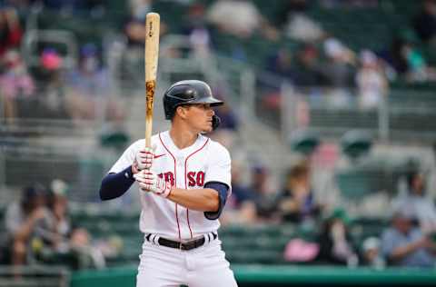 FORT MYERS, FL- MARCH 06: Enrique Hernandez #5 of the Boston Red Sox bats during a spring training game against the Minnesota Twins on March 6, 2021 at the JetBlue Park in Fort Myers, Florida. (Photo by Brace Hemmelgarn/Minnesota Twins/Getty Images)