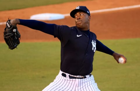 TAMPA, FLORIDA – MARCH 19: Aroldis Chapman #54 of the New York Yankees pitches during a Spring Training game against the Philadelphia Phillies at George M. Steinbrenner Field on March 19, 2021 in Tampa, Florida. (Photo by Mike Ehrmann/Getty Images)