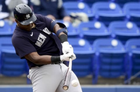 DUNEDIN, FLORIDA - MARCH 21: Chris Gittens #92 of the New York Yankees swings at a pitch during the ninth inning against the Toronto Blue Jays during a spring training game at TD Ballpark on March 21, 2021 in Dunedin, Florida. (Photo by Douglas P. DeFelice/Getty Images)