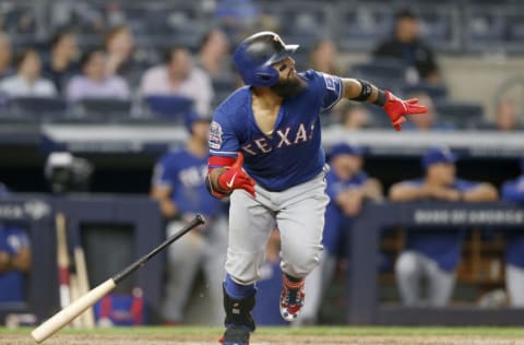 NEW YORK, NEW YORK - SEPTEMBER 04: Rougned Odor #12 of the Texas Rangers follows through on his ninth inning home run against the New York Yankees at Yankee Stadium on September 04, 2019 in New York City. (Photo by Jim McIsaac/Getty Images)