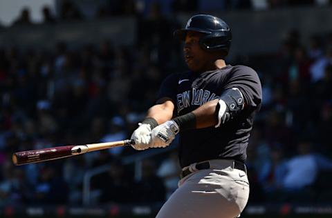 VENICE, FLORIDA - FEBRUARY 28: Chris Gittens #92 of the New York Yankees at bat during the spring training game against the Atlanta Braves at Cool Today Park on February 28, 2020 in Venice, Florida. (Photo by Mark Brown/Getty Images)