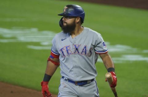 SEATTLE, WA - AUGUST 23: Rougned Odor #12 of the Texas Rangers walks off the field after an at-bat during a game against the Seattle Mariners at T-Mobile Park on August 23, 2020 in Seattle, Washington. The Mariners won 4-1. (Photo by Stephen Brashear/Getty Images)