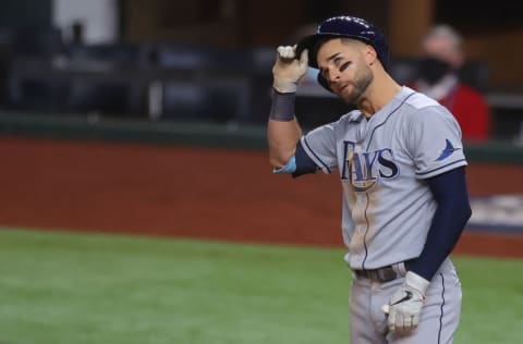 ARLINGTON, TEXAS - OCTOBER 27: Kevin Kiermaier #39 of the Tampa Bay Rays reacts after striking out against the Los Angeles Dodgers fourth inning in Game Six of the 2020 MLB World Series at Globe Life Field on October 27, 2020 in Arlington, Texas. (Photo by Ronald Martinez/Getty Images)