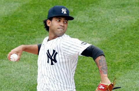 NEW YORK, NY - September 26: Pitcher Deivi Garcia #83 of the New York Yankees pitches in an interleague MLB baseball game against the Miami Marlins on September 26, 2020 at Yankee Stadium in the Bronx borough of New York City. Yankees won 11-4. (Photo by Paul Bereswill/Getty Images)