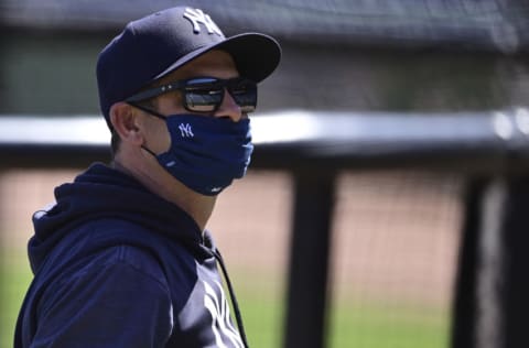 CLEARWATER, FLORIDA - MARCH 11: Manager Aaron Boone #17 of the New York Yankees looks on prior to the game against the Philadelphia Phillies during a spring training game at Philadelphia Phillies Spring Training Facility on March 11, 2021 in Clearwater, Florida. (Photo by Douglas P. DeFelice/Getty Images)