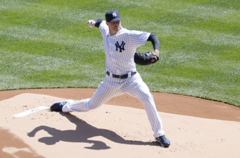 NEW YORK, NEW YORK - APRIL 03: Corey Kluber #28 of the New York Yankees pitches during the first inning against the Toronto Blue Jays at Yankee Stadium on April 03, 2021 in the Bronx borough of New York City. (Photo by Sarah Stier/Getty Images)