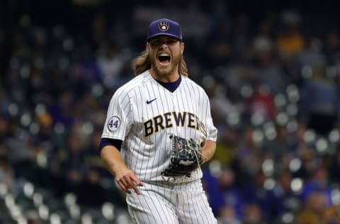 MILWAUKEE, WISCONSIN - APRIL 03: Corbin Burnes #39 of the Milwaukee Brewers reacts to a pitch during the sixth inning against the Minnesota Twins at American Family Field on April 03, 2021 in Milwaukee, Wisconsin. (Photo by Stacy Revere/Getty Images)