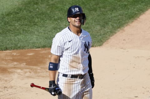 NEW YORK, NEW YORK - APRIL 04: Gleyber Torres #25 of the New York Yankees reacts after striking out during the ninth inning against the Toronto Blue Jays at Yankee Stadium on April 04, 2021 in the Bronx borough of New York City. The Blue Jays won 3-1. (Photo by Sarah Stier/Getty Images)