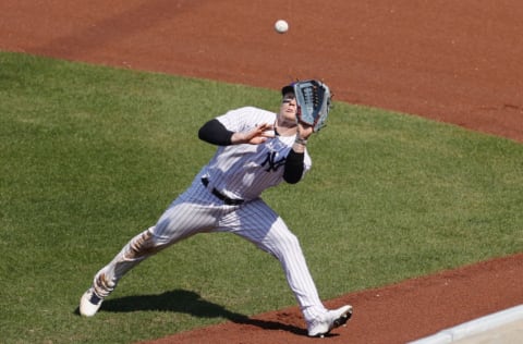 NEW YORK, NEW YORK - APRIL 04: Clint Frazier #77 of the New York Yankees catches a fly ball during the sixth inning against the Toronto Blue Jays at Yankee Stadium on April 04, 2021 in the Bronx borough of New York City. The Blue Jays won 3-1. (Photo by Sarah Stier/Getty Images)