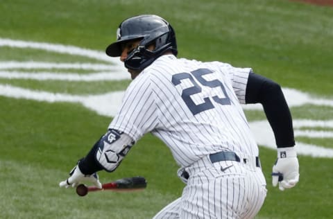 NEW YORK, NEW YORK - APRIL 01: (NEW YORK DAILIES OUT) Gleyber Torres #25 of the New York Yankees base hit against the Toronto Blue Jays at Yankee Stadium on April 01, 2021 in New York City. The Blue Jays defeated the Yankees 3-2 in ten innings. (Photo by Jim McIsaac/Getty Images)