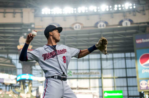 MILWAUKEE, WI - APRIL 03: Andrelton Simmons #9 of the Minnesota Twins throws against the Milwaukee Brewers on April 3, 2020 at American Family Field in Milwaukee, Wisconsin. (Photo by Brace Hemmelgarn/Minnesota Twins/Getty Images)