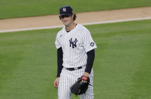 NEW YORK, NEW YORK - APRIL 06: Gerrit Cole #45 of the New York Yankees smiles after pitching during the fifth inning against the Baltimore Orioles at Yankee Stadium on April 06, 2021 in the Bronx borough of New York City. (Photo by Sarah Stier/Getty Images)