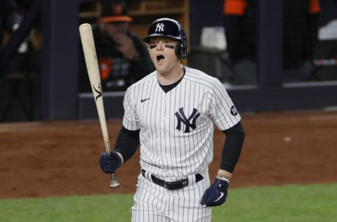 NEW YORK, NEW YORK - APRIL 06: Clint Frazier #77 of the New York Yankees reacts during the third inning against the Baltimore Orioles at Yankee Stadium on April 06, 2021 in the Bronx borough of New York City. (Photo by Sarah Stier/Getty Images)