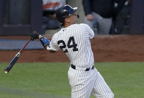 NEW YORK, NEW YORK – APRIL 07: (NEW YORK DAILIES OUT) Gary Sanchez #24 of the New York Yankees in action against the Baltimore Orioles at Yankee Stadium on April 07, 2021 in New York City. The Orioles defeated the Yankees 4-3 in 11 innings. (Photo by Jim McIsaac/Getty Images)