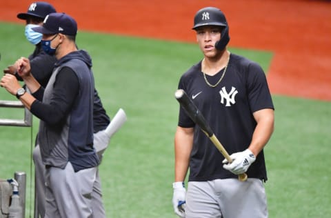 ST PETERSBURG, FLORIDA - APRIL 10: Aaron Judge #99 of the New York Yankees looks on during batting practice before a game against the Tampa Bay Rays at Tropicana Field on April 10, 2021 in St Petersburg, Florida. (Photo by Julio Aguilar/Getty Images)