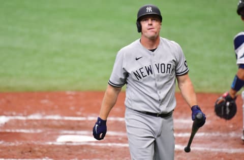 ST PETERSBURG, FLORIDA - APRIL 10: Jay Bruce #30 of the New York Yankees reacts to a strike out in the fifth inning against the Tampa Bay Rays at Tropicana Field on April 10, 2021 in St Petersburg, Florida. (Photo by Julio Aguilar/Getty Images)