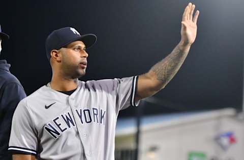 DUNEDIN, FLORIDA - APRIL 12: Aaron Hicks #31 of the New York Yankees waves to the crowd after a game against the Toronto Blue Jays at TD Ballpark on April 12, 2021 in Dunedin, Florida. (Photo by Julio Aguilar/Getty Images)