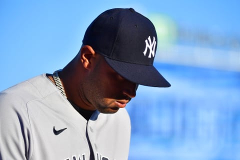 DUNEDIN, FLORIDA – APRIL 12: Aaron Hicks #31 of the New York Yankees walks to the dugout before a game against the Toronto Blue Jays at TD Ballpark on April 12, 2021 in Dunedin, Florida. (Photo by Julio Aguilar/Getty Images)