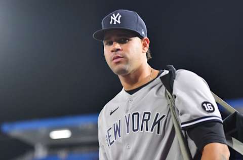 DUNEDIN, FLORIDA - APRIL 12: Gary Sanchez #24 of the New York Yankees looks on after a game against the Toronto Blue Jays at TD Ballpark on April 12, 2021 in Dunedin, Florida. (Photo by Julio Aguilar/Getty Images)