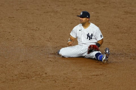 NEW YORK, NEW YORK - APRIL 16: Rougned Odor #18 of the New York Yankees reacts during the game against the Tampa Bay Rays at Yankee Stadium on April 16, 2021 in New York City. (Photo by Mike Stobe/Getty Images)