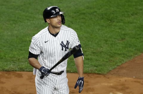 NEW YORK, NEW YORK - APRIL 16: (NEW YORK DAILIES OUT) Giancarlo Stanton #27 of the New York Yankees in action against the Tampa Bay Rays at Yankee Stadium on April 16, 2021 in New York City. The Rays defeated the Yankees 8-2. (Photo by Jim McIsaac/Getty Images)