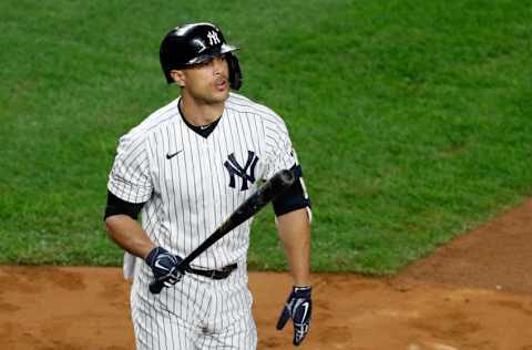 NEW YORK, NEW YORK - APRIL 16: (NEW YORK DAILIES OUT) Giancarlo Stanton #27 of the New York Yankees in action against the Tampa Bay Rays at Yankee Stadium on April 16, 2021 in New York City. The Rays defeated the Yankees 8-2. (Photo by Jim McIsaac/Getty Images)