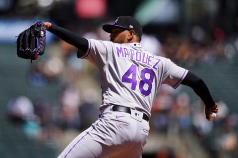 SAN FRANCISCO, CALIFORNIA – APRIL 11: German Marquez #48 of the Colorado Rockies pitches against the San Francisco Giants at Oracle Park on April 11, 2021 in San Francisco, California. (Photo by Daniel Shirey/Getty Images)