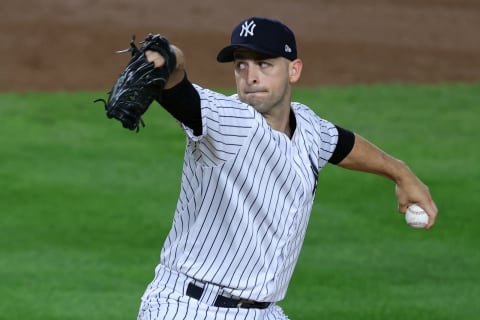 NEW YORK, NY – APRIL 20: Lucas Luetge #63of the New York Yankees in action against the Atlanta Braves during an MLB baseball game at Yankee Stadium on April 20, 2021 in New York City. (Photo by Rich Schultz/Getty Images)