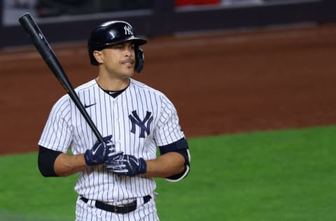 NEW YORK, NY - APRIL 20: Giancarlo Stanton #27of the New York Yankees in action against the Atlanta Braves during an MLB baseball game at Yankee Stadium on April 20, 2021 in New York City. (Photo by Rich Schultz/Getty Images)