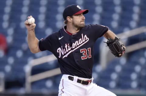 WASHINGTON, DC - APRIL 16: Max Scherzer #31 of the Washington Nationals pitches against the Arizona Diamondbacks at Nationals Park on April 16, 2021 in Washington, DC. (Photo by G Fiume/Getty Images)