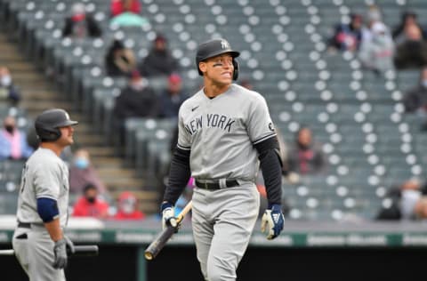 CLEVELAND, OHIO - APRIL 22: Aaron Judge #99 of the New York Yankees reacts after striking out swinging during the third inning against the Cleveland Indians at Progressive Field on April 22, 2021 in Cleveland, Ohio. (Photo by Jason Miller/Getty Images)