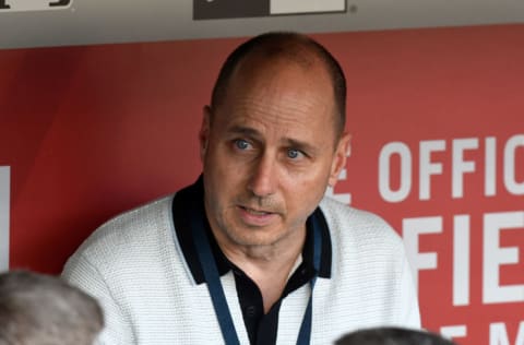 WASHINGTON, DC - MAY 15: General Manager Brian Cashman of the New York Yankees talks to the media before the game against the Washington Nationals at Nationals Park on May 15, 2018 in Washington, DC. (Photo by G Fiume/Getty Images)