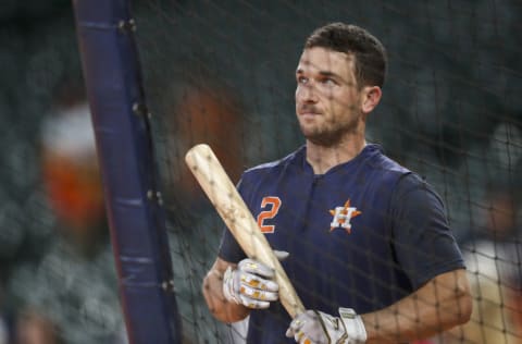 HOUSTON, TX - OCTOBER 19: Alex Bregman #2 of the Houston Astros takes batting practice before Game Six of the League Championship Series against the New York Yankees at Minute Maid Park on October 19, 2019 in Houston, Texas. (Photo by Tim Warner/Getty Images)