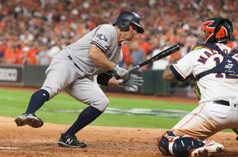 HOUSTON, TEXAS - OCTOBER 19: Brett Gardner #11 of the New York Yankees reacts after almost being hit by a pitch against the Houston Astros in Game 6 of the American League Championship Series at Minute Maid Park on October 19, 2019 in Houston, Texas. (Photo by Bob Levey/Getty Images)