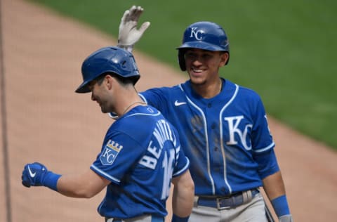 MINNEAPOLIS, MINNESOTA - MAY 01: Nicky Lopez #8 of the Kansas City Royals congratulates teammate Andrew Benintendi #16 on a solo home run against the Minnesota Twins during the eighth inning of the game at Target Field on May 1, 2021 in Minneapolis, Minnesota. The Royals defeated the Twins 11-3. (Photo by Hannah Foslien/Getty Images)